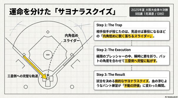 内角低めのスライダーを三塁側へ完璧に転がした、劇的なサヨナラスクイズの軌道図。