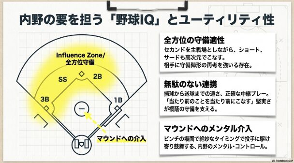 セカンドを中心にショート・サードもこなす全方位の守備適性と、投手を鼓舞するマウンドへの介入を解説したインフルエンスゾーン図。