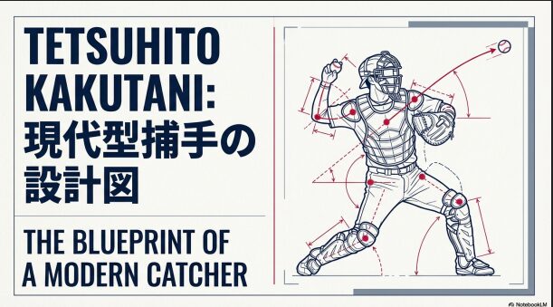 智弁学園・角谷哲人選手の守備動作を解析した「現代型捕手の設計図」のスライド表紙画像。捕手の防具を身につけたイラスト。