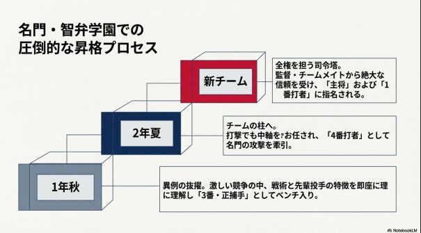 1年秋の正捕手抜擢から、2年夏の4番打者、そして新チームの主将・1番打者への昇格ステップを示した図
