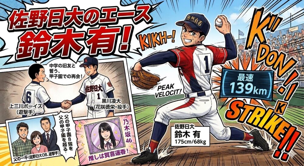 佐野日大 鈴木投手の経歴を漫画風に描いた画像