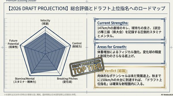 身体能力、スタミナ、変化球などのレーダーチャートと、ドラフト上位指名への結論 