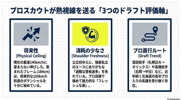 将来性、肩の消耗の少なさ、北海道からのプロ入りトレンドという、三浦秀斗投手がスカウトから評価される3つのポイント。