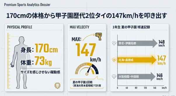 森投手の身長・体重データと、1年生甲子園球速ランキングの比較図