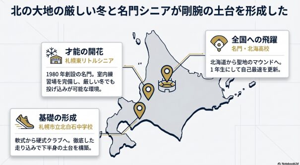 札幌市立北白石中、札幌東リトルシニア、北海高校の位置と役割を示したマップ