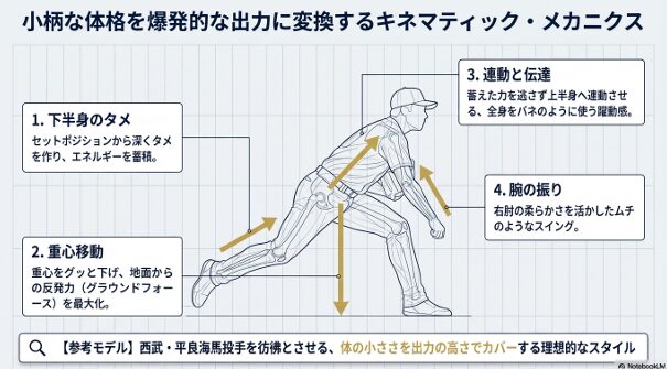 下半身のタメや重心移動など、森投手の投球メカニズムを図解したもの