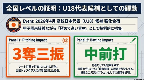 2026年4月のU18合宿で、打者7人を3奪三振に抑え、自らも中前打を放った二刀流の実績