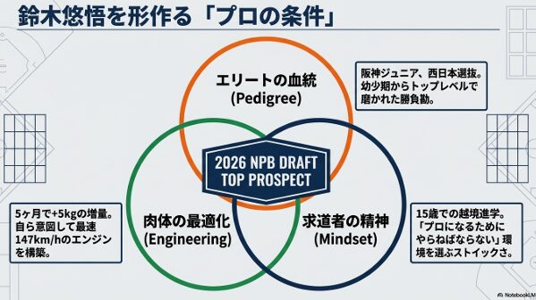 血統(阪神ジュニア)、肉体(増量)、精神(越境進学)の3軸で分析した鈴木悠悟選手の強み