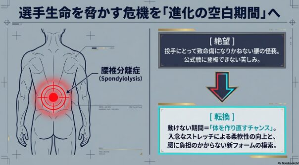 腰椎分離症による絶望の期間を、柔軟性の向上と負担のかからない新フォーム模索のチャンスに変えた「転換」の解説。