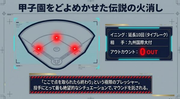 延長10回タイブレーク、無死満塁という極限のプレッシャー下でマウンドを託された状況の球場図解。