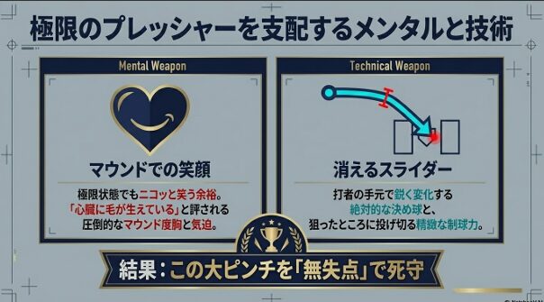 心臓に毛が生えている」と評される笑顔と、打者の手元で鋭く変化するスライダーを武器に大ピンチを無失点で凌いだ解説。