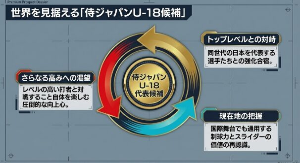 精神的強靭さ、試合を作る能力、伸びしろの3項目におけるドラフト評価。球速アップが実現すれば上位指名の可能性大とのまとめ。