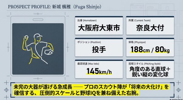 奈良大付・新城楓雅投手のプロフィールスライド。188cm/80kgの体格や最高球速145km/h、投球スタイルなどが記載されています。