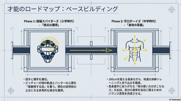 新城楓雅投手の小・中学時代の成長過程。捕手兼任で得た多角的な視点や、体幹トレーニングによるバランス感覚の完成について解説しています。