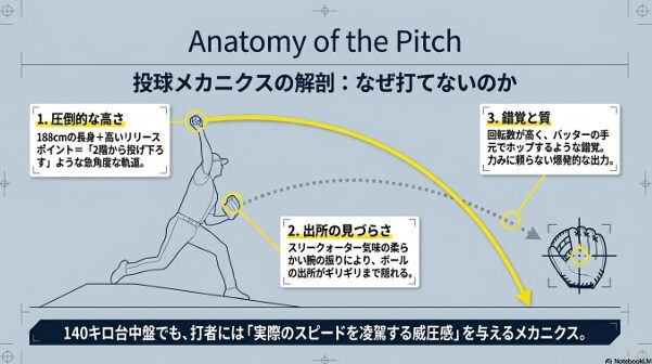 新城投手の投球が打ちにくい理由。188cmの長身から投げ下ろす角度、球の出所の見づらさ、高い回転数について図解されています。