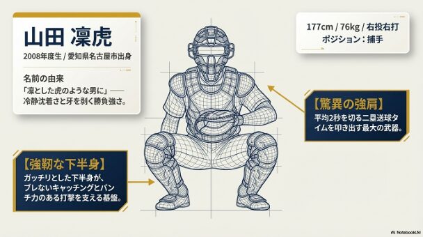 山田凜虎選手の177cm・76kgの体格と、平均2秒を切る二塁送球タイムの解説スライド 