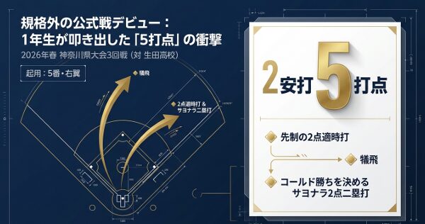 2026年春の神奈川県大会3回戦生田高校戦で、1年生ながら5打点を叩き出した畠山颯志選手のデビュー戦成績