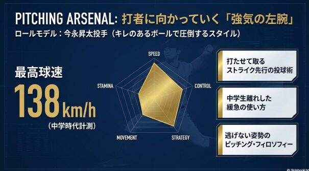 畠山颯志投手のピッチング分析。中学時代の最高球速138キロや、緩急を活かした投球術を示すレーダーチャート