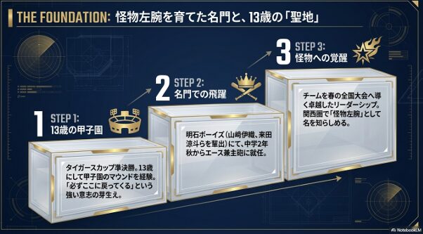 13歳で甲子園のマウンド(タイガースカップ)を経験し、明石ボーイズでエース兼主砲として活躍した畠山颯志選手の経歴図