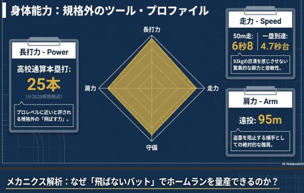 長打力（高校通算25本）、肩力（遠投95m）、走力（50m6秒8）を評価した、プロレベルに近いとされる身体能力プロファイル。