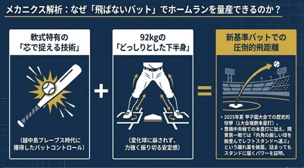 軟式時代のミート技術と92kgの強靭な下半身を融合させ、新基準バットでも圧倒的な飛距離を出すメカニクス解説図。