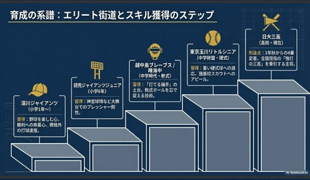 深川ジャイアンツからジャイアンツジュニア、越中島ブレーブス、東京玉川リトルシニア、現在の日大三高に至る田中諒選手の歩みをまとめた成長ステップ図。