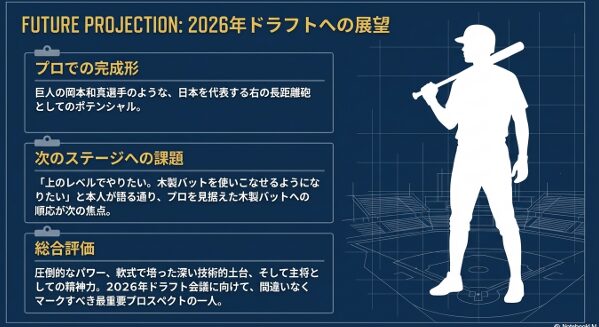 巨人の岡本和真選手に例えられるポテンシャルや、2026年ドラフトにおける最重要プロスペクトとしての総合評価。