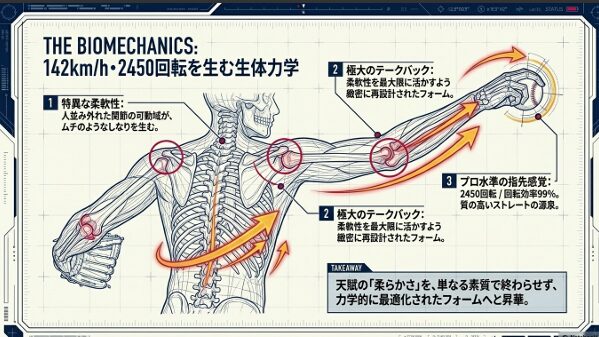 加賀谷一選手の投球フォームの生体力学的分析。特異な柔軟性、極大のテークバック、プロ水準の指先感覚についての解説