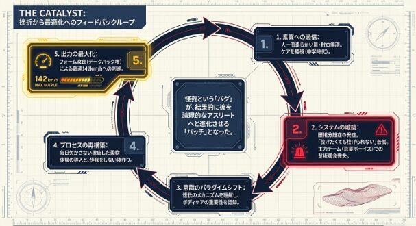 中学時代の腰椎分離症という挫折から、ボディケアの重要性を認知し、フォーム改良による出力最大化に至るフィードバックループ図