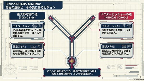 東大野球部（六大学野球）と国立大医学部、2つの進路におけるモチベーションと要求スキルの比較図