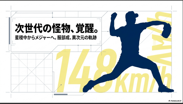 星稜中学校からメジャーを目指す服部成選手の紹介スライド。「次世代の怪物、覚醒」の文字。