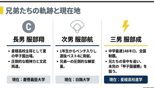  長男・翔（慶應大）、次男・航（白鴎大）、三男・成（星稜高）の経歴をまとめた表。 