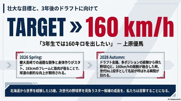 代替テキスト： 「3年生では160キロを出したい」という目標と、2028年秋のドラフト会議を見据えたロードマップ。