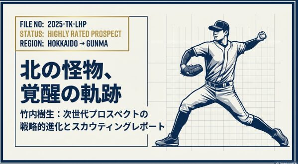 竹内樹生投手の紹介スライド。北の怪物、覚醒の軌跡というテキストと、マウンドで投球する左腕投手のイラスト。