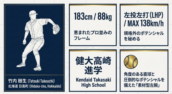 竹内樹生投手のスペック。183cm/88kgの恵まれたフレーム、左投左打、最速138キロ。角度のある直球を備えた素材型左腕