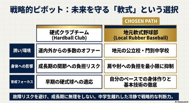 硬式クラブチームではなく地元軟式野球部を選んだ理由の比較図。肩・肘への負担抑制と故障リスク回避を重視した戦略的な判断