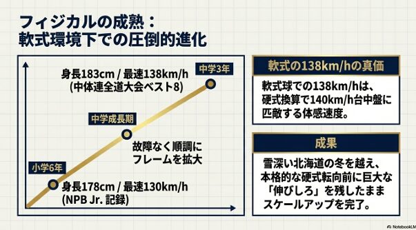 小6から中3にかけての身長（178cm→183cm）と最速（130km/h→138km/h）の推移を示すグラフ。軟式の138キロは硬式換算で140キロ台中盤に匹敵。