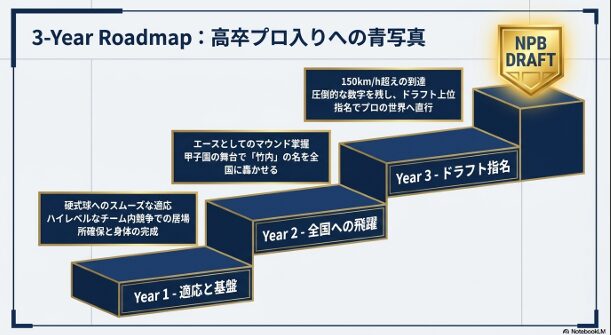 1年目の適応、2年目の全国飛躍、3年目のドラフト指名（150km/h超え）を目指すロードマップ。