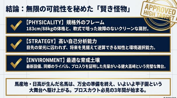 フィジカル、戦略、環境の3要素をまとめた結論スライド。馬産地・日高が生んだ名馬が甲子園へ駆け上がる。