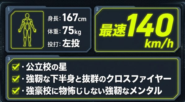 熊野高校・杉若寅示投手のプロフィール。身長167cm、体重75kg、左投げ、最速140キロの記載があるスライド