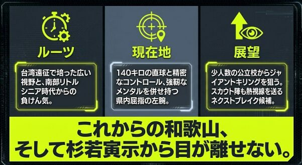 杉若寅示投手のルーツ、現在地、そして「ジャイアントキリング」を狙う将来の展望をまとめたサマリースライド
