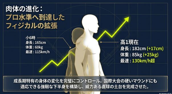 小6時（165cm/60kg/最速115km/h）から高1現在（182cm/85kg/最速130km/h）までの身長・体重・球速の変化