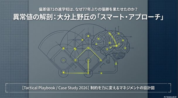 偏差値71の進学校である大分上野丘高校が、なぜ77年ぶりの優勝を果たせたのかを分析するスライド資料の表紙
