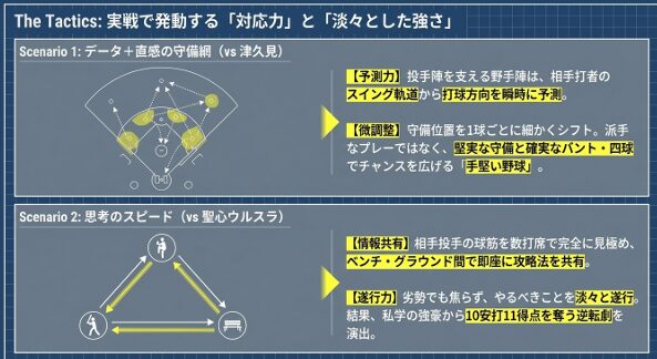 対戦相手の分析や情報共有を瞬時に行い、劣勢でも淡々と遂行する「思考のスピード」の戦術解説図