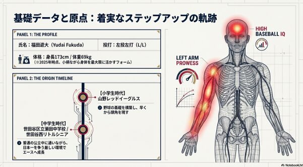 福田遊大選手の解剖図。高い野球IQと左腕の能力を強調し、身長173cm、体重69kgのプロフィールや出身チーム（山野レッドイーグルス、世田谷西シニア）を解説。