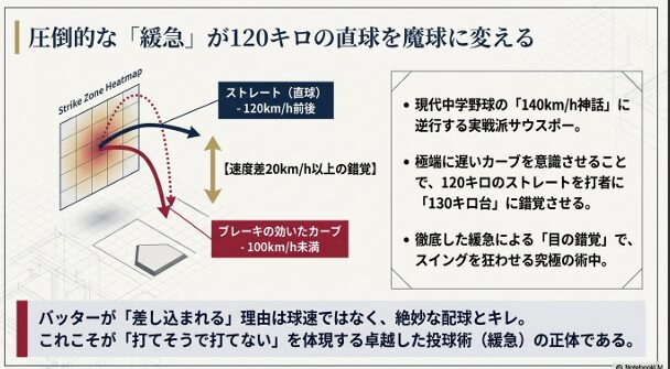120km/h前後のストレートと100km/h未満のカーブの速度差（20km/h以上）による錯覚と、ストライクゾーンのヒートマップ