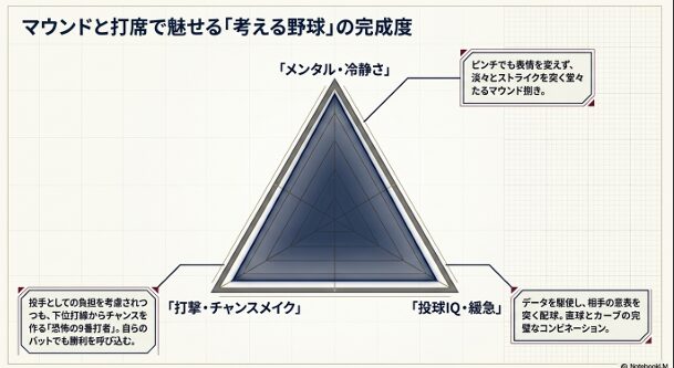 メンタル・冷静さ、投球IQ・緩急、打撃・チャンスメイクの3項目で高い評価を得ている福田選手の能力チャート。