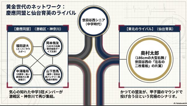 慶應義塾に進んだ福田、岡本、中澤、山下の「慶應同盟」と、仙台育英に進んだライバル奥村太郎の相関図