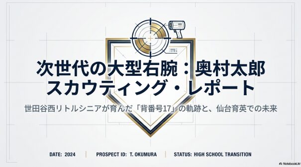 世田谷西リトルシニアから仙台育英高校へ進む次世代の大型右腕、奥村太郎選手のスカウティング・レポートの表紙画像