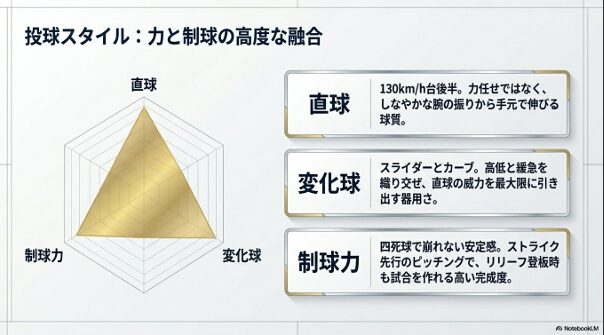 130km/h台後半の手元で伸びる直球とスライダー・カーブを織り交ぜた高い完成度のピッチングスタイル解説